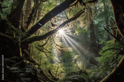 forest canopy  with rays of sunlight shining through  illuminating the tranquil forest  created with generative ai