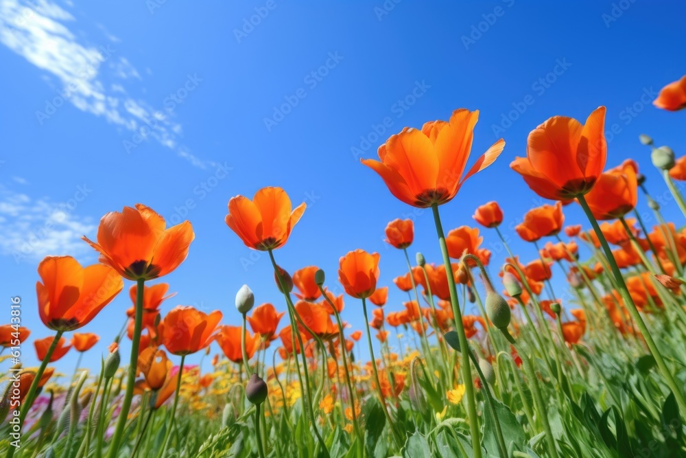 Fototapeta premium orange tulips in full bloom against blue sky, created with generative ai