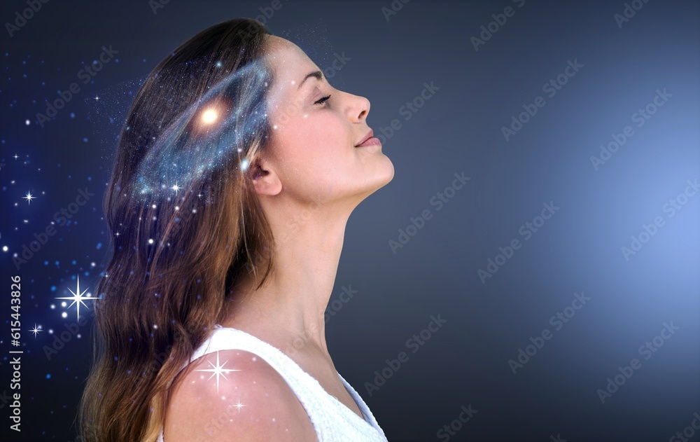 Naklejka premium Meditating young person. Science technology