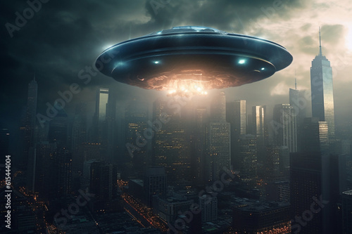 An otherworldly ufo alien mother ship descends upon a cityscape adorned with towering skyscrapers. Ai generated