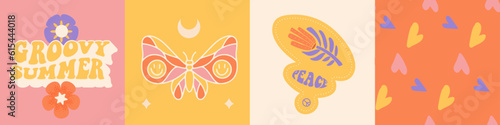 Groovy butterfly, hearts , flower banners collection. Set of 4 Hippie 60s 70s posters. Floral romantic backgrounds in trendy summer retro style. Flat Vector card, sticker, t-shirt print, invitation.