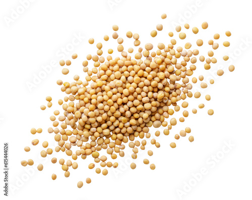 Heap of mustard grains scattered on white. Top view photo