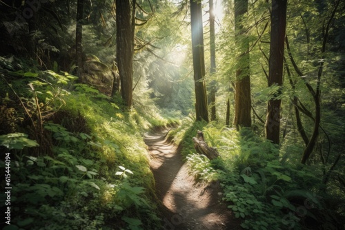 hiking trail leading through lush forest, with sunlight filtering through the trees, created with generative ai