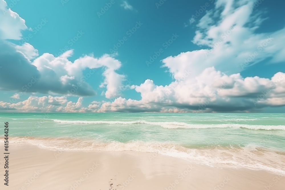 Beautiful tropical beach with blue sky and white clouds abstract texture background. Copy space of summer vacation and holiday business travel concept with Generative AI technology