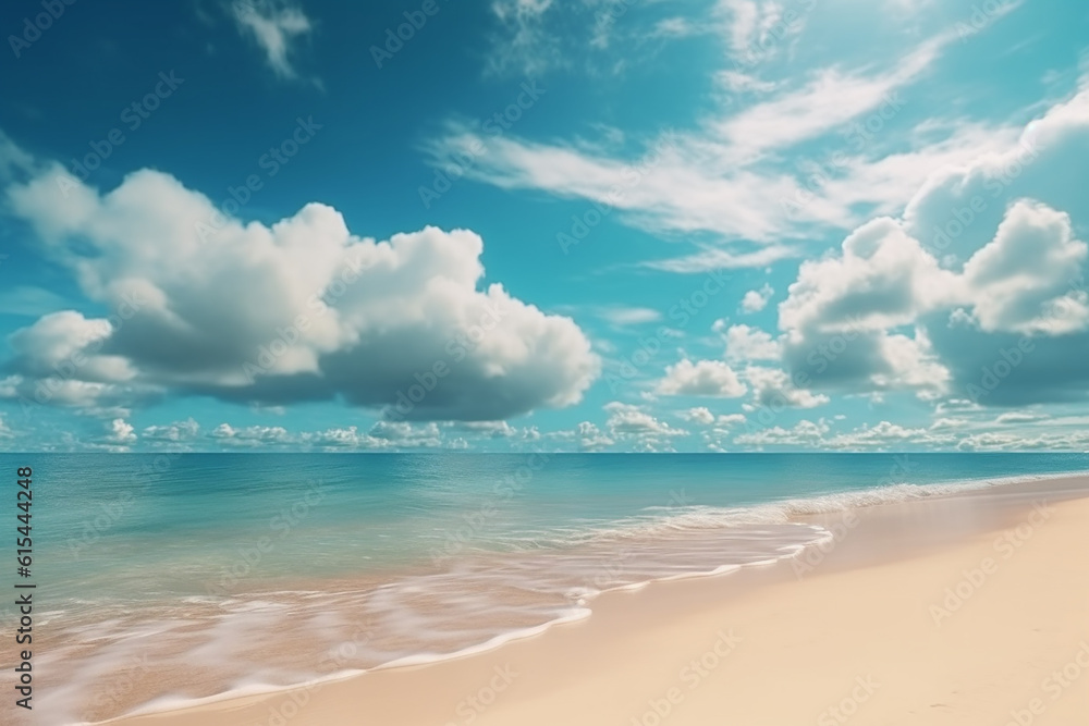 Beautiful tropical beach with blue sky and white clouds abstract texture background. Copy space of summer vacation and holiday business travel concept with Generative AI technology