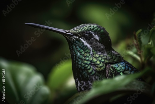 close-up of hummingbird's beak, surrounded by lush greenery, created with generative ai