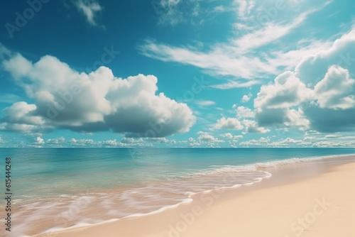 Beautiful tropical beach with blue sky and white clouds abstract texture background. Copy space of summer vacation and holiday business travel concept with Generative AI technology