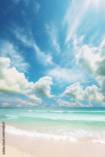 Beautiful tropical beach with blue sky and white clouds abstract texture background. Copy space of summer vacation and holiday business travel concept with Generative AI technology