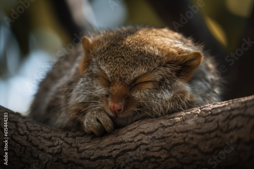 macro shot of furry creature with its eyes closed, resting on tree branch, created with generative ai © Natalia