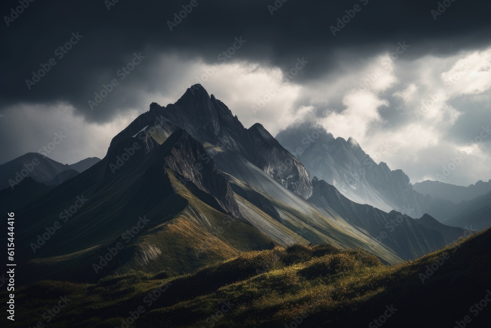 majestic mountain range with rolling hills and jagged peaks, clouds hovering in the sky, created with generative ai