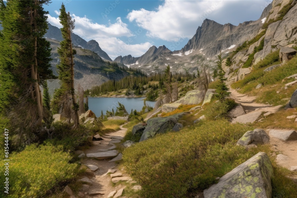 hiking trail winding through mountain range, with views of peaks and lakes, created with generative ai
