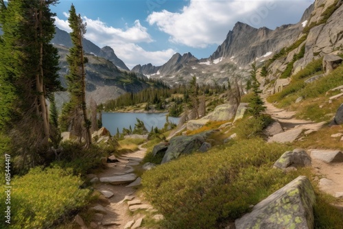 hiking trail winding through mountain range  with views of peaks and lakes  created with generative ai