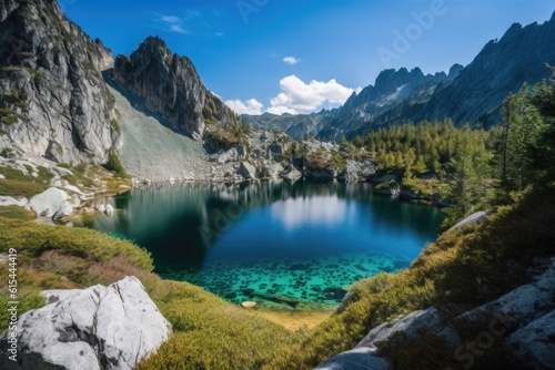 stunning alpine lake surrounded by craggy mountains and clear blue skies  created with generative ai