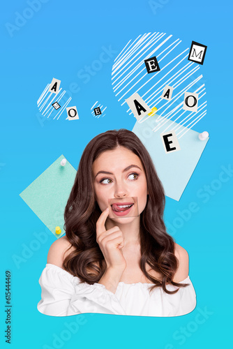 Creative abstract collage image of thoughtful smiling lady stickout dreaming isolated colorful blue background photo