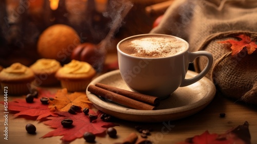 The inviting aroma of a cup of coffee an autumn-inspired dessert. AI generated