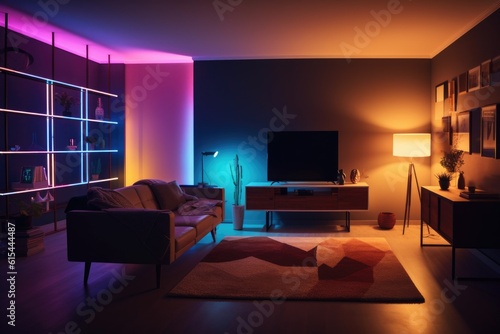 a room with various smart lighting solutions, including ambient light sources and accent lights, created with generative ai