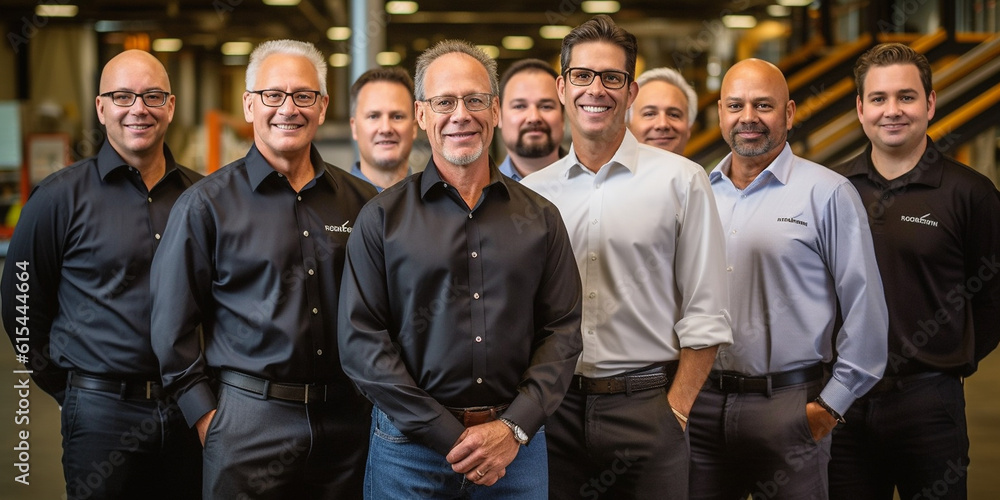 Freundliches lachendes Business Team einer Fabrik mit Ingenieuren in der Halle, ai generativ