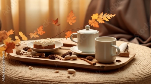 A cozy retreat with a cup of coffee and a delightful autumn dessert. AI generated