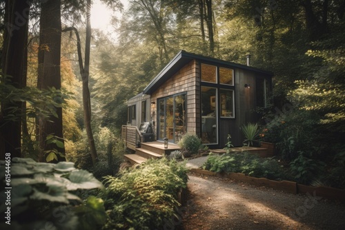 tiny house nestled among the trees, surrounded by natural beauty, created with generative ai