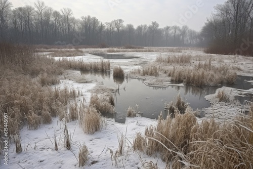 snow-covered wetland and marsh in winter landscape, created with generative ai photo