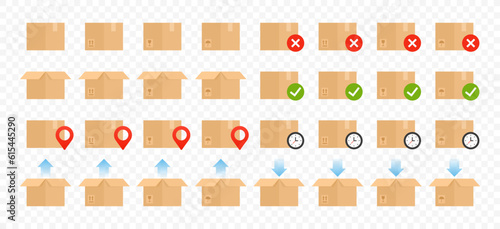 Delivery carton box vector design set. Cardboard box package open and closed with fragile signs graphic design. Carton delivery packaging, moving, transportation, delivery icons