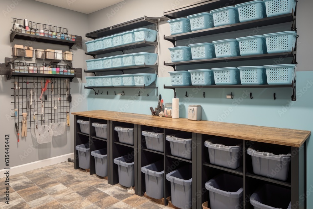 storage wall with bins and hooks for organizing tools and supplies, created with generative ai - obrazy, fototapety, plakaty 