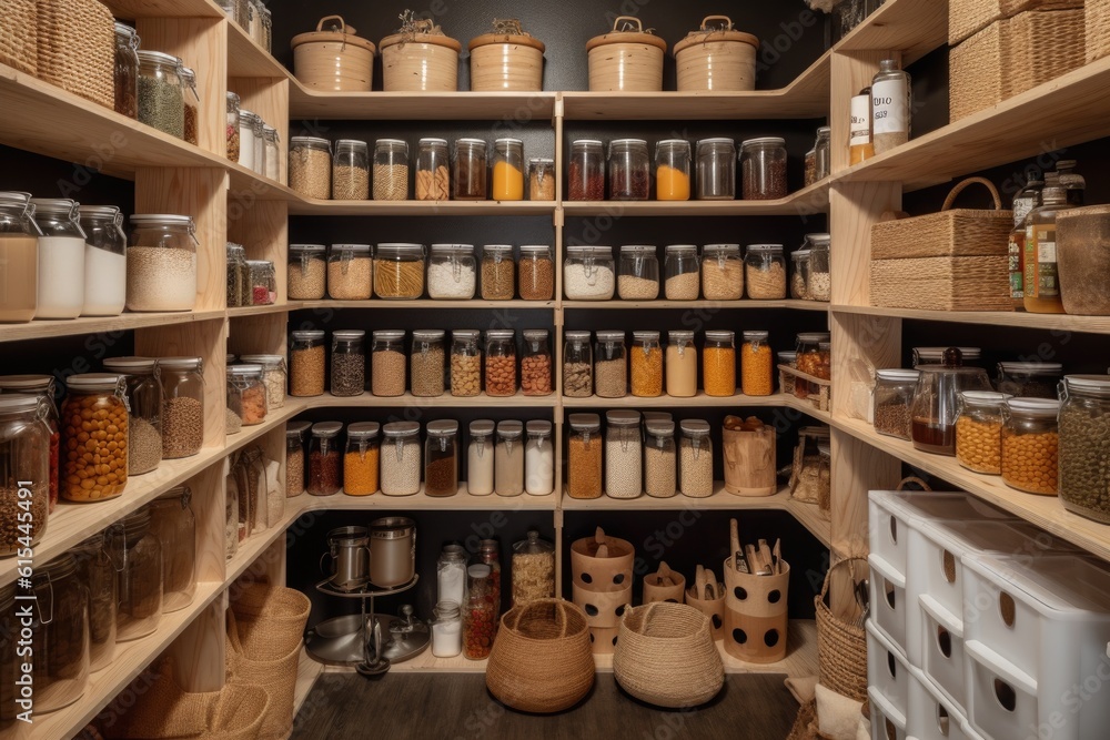 organized pantry with neatly arranged jars and cans, created with generative ai