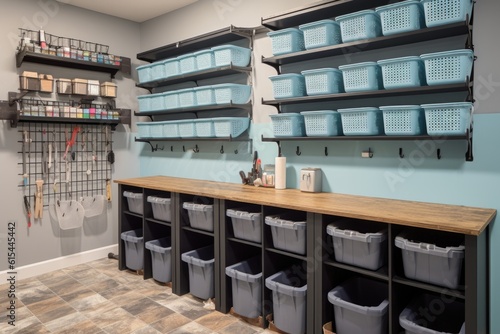 storage wall with bins and hooks for organizing tools and supplies, created with generative ai