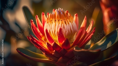 Maro Close up of stunning Orange exotic King protea flower macro shot nature background. Generative AI technology.