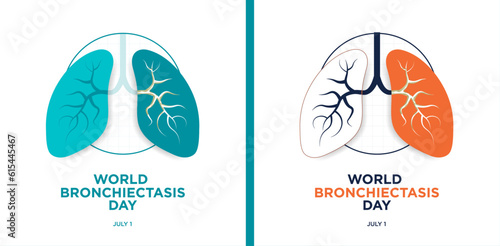 Set of World Bronchiectasis Day Square Vector Illustrations. Teal. Blue and orange color. July 1. Pair of lungs inflamed with mucus caused by Bronchiectasis. Modern and minimalist concept. Vector.