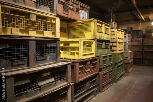 orderly row of storage crates in a warehouse  created with generative ai