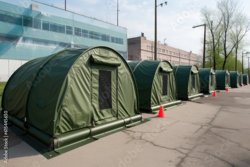 tents and shelters in a row, each with its own design and purpose, created with generative ai