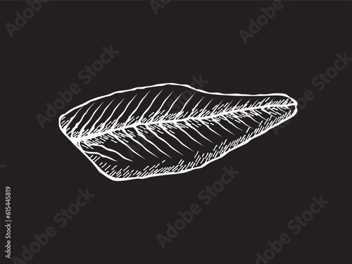 Vector illustration of a sliced smoked salmon fillet in black and white sketch style