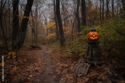 spooky trail marker in the forest with lantern and jack-o'-lantern, created with generative ai