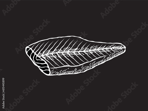 Vector illustration of a salmon fillet in black and white sketch style