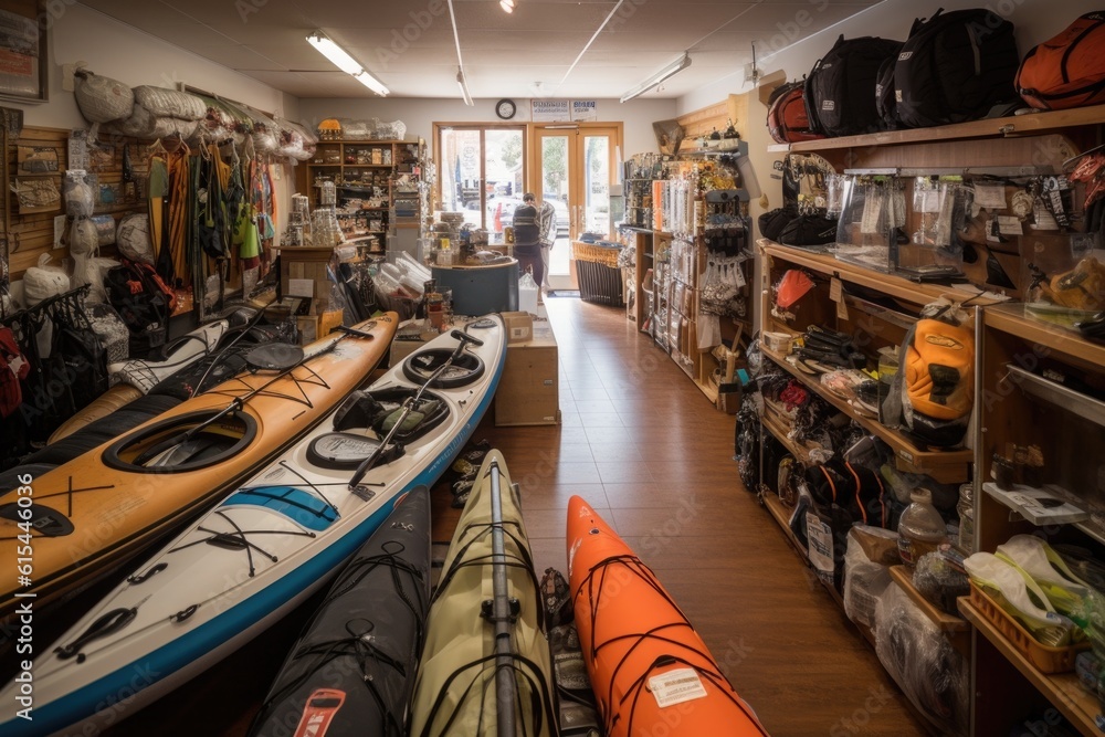 watersports gear store, with a variety of boats and accessories on display, created with generative ai