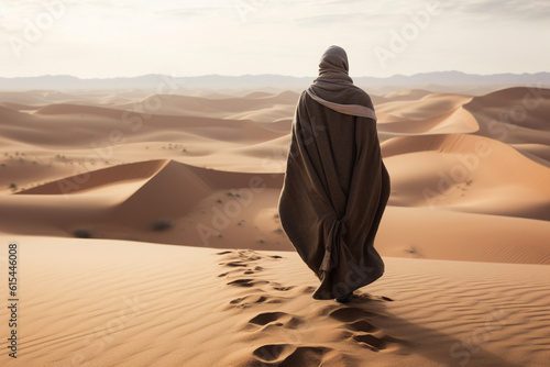 The solitude and beauty of the Sahara desert as a lone Arab figure gracefully traverses the vast sandy landscapes  dressed in traditional attire. Ai generated
