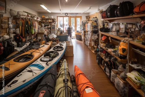 watersports gear store, with a variety of boats and accessories on display, created with generative ai photo