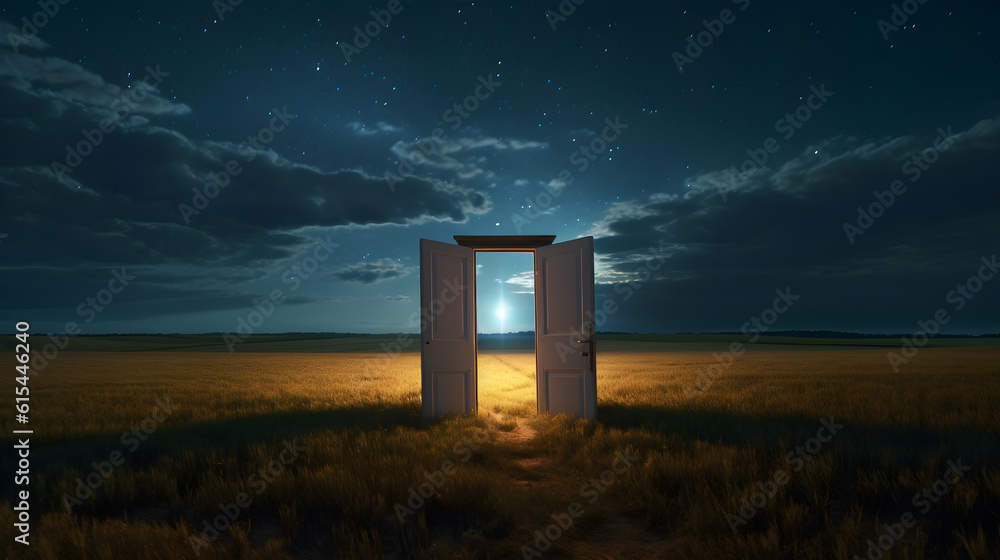 door to heaven in the middle of the field with night sky  created with Generative AI 