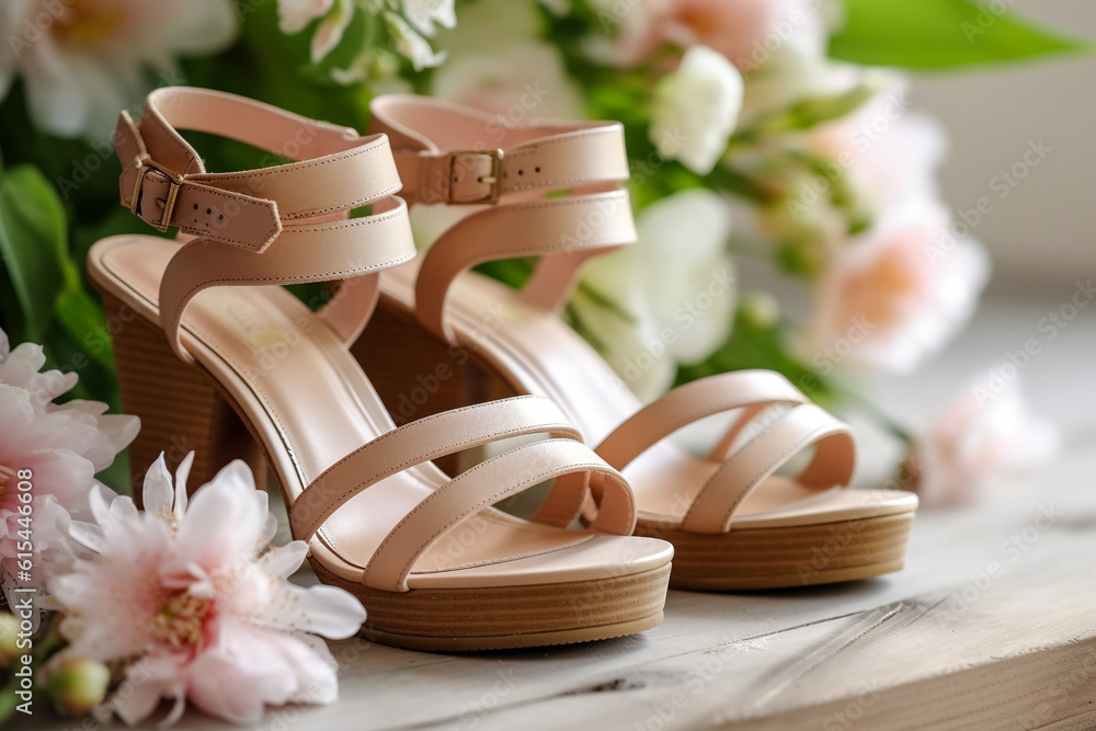 Luxury glamour woman`s sandals. Super photo realistic background, generative ai illustration. Luxury glamour woman`s sandals. Super photo realistic background, generative ai illustration.