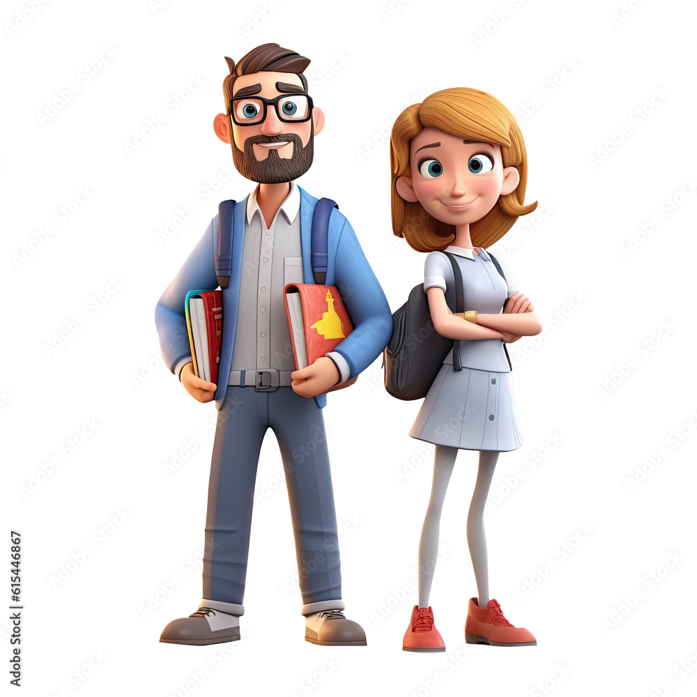 3D Cute cartoon male and female teacher character on transparent background. Generative AI