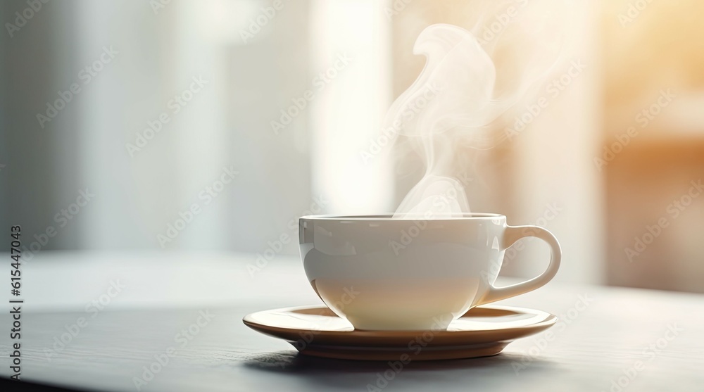 Morning Close-up of Steamy Cup for Breakfast Coffee with Smoke on Table blur Background Morning Close-up of Steamy Cup for Breakfast Coffee with Smoke on Table blur Background