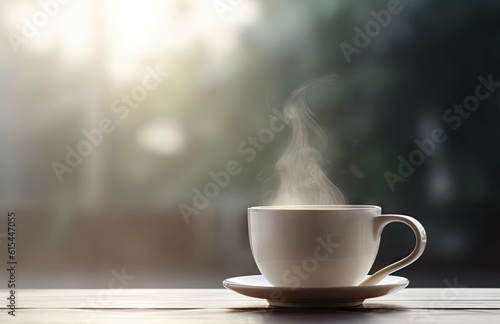 Morning Close-up of Steamy Cup for Breakfast Coffee with Smoke on Table blur Background