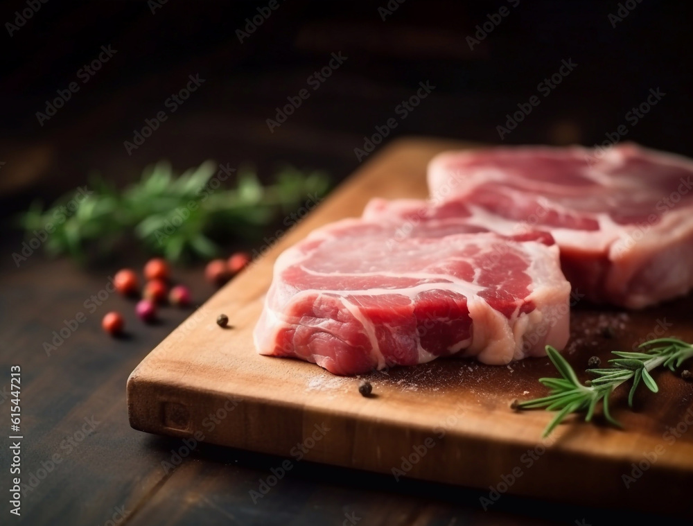 Raw pork on cutting board and herbs. Generative AI