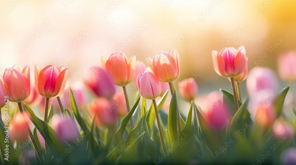 A field of tulips at sunrise. Generative AI A field of tulips at sunrise. Generative AI