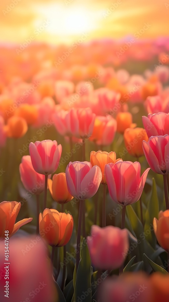 A field of tulips at sunrise. Generative AI
