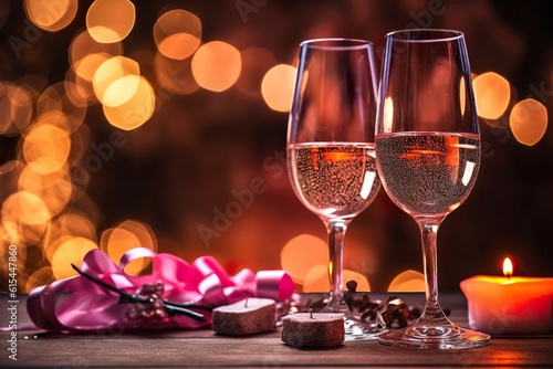 Glass of champagne with creamy bokeh background. Romantic scene. Ai generative Art. 