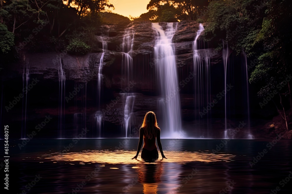 Waterfall bathed in the soft glow of moonlight silhouette of a bathing woman. Generative AI Waterfall bathed in the soft glow of moonlight silhouette of a bathing woman. Generative AI