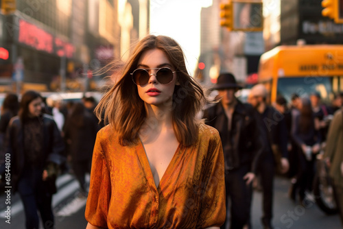 Stylish woman in sunglasses on city street of New York