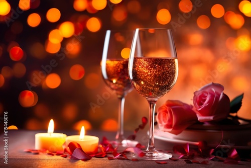 Glass of champagne with creamy bokeh background. Romantic scene. Ai generative Art. 